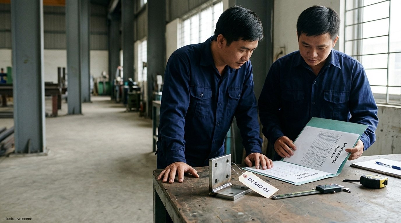 Illustrative scene of a manufacturing team matching a metal component's batch label with sample production and material records.