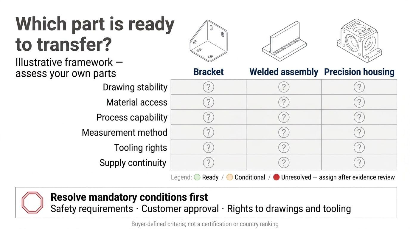 Illustrative readiness matrix comparing a bracket, welded assembly and precision housing across six transfer questions.