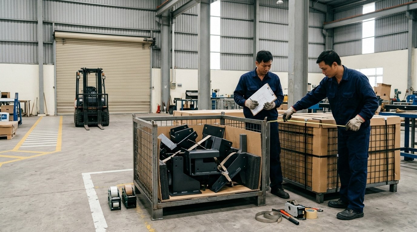 Conceptual factory scene showing fabricated steel assemblies secured with protective separators and restraints for export packing.