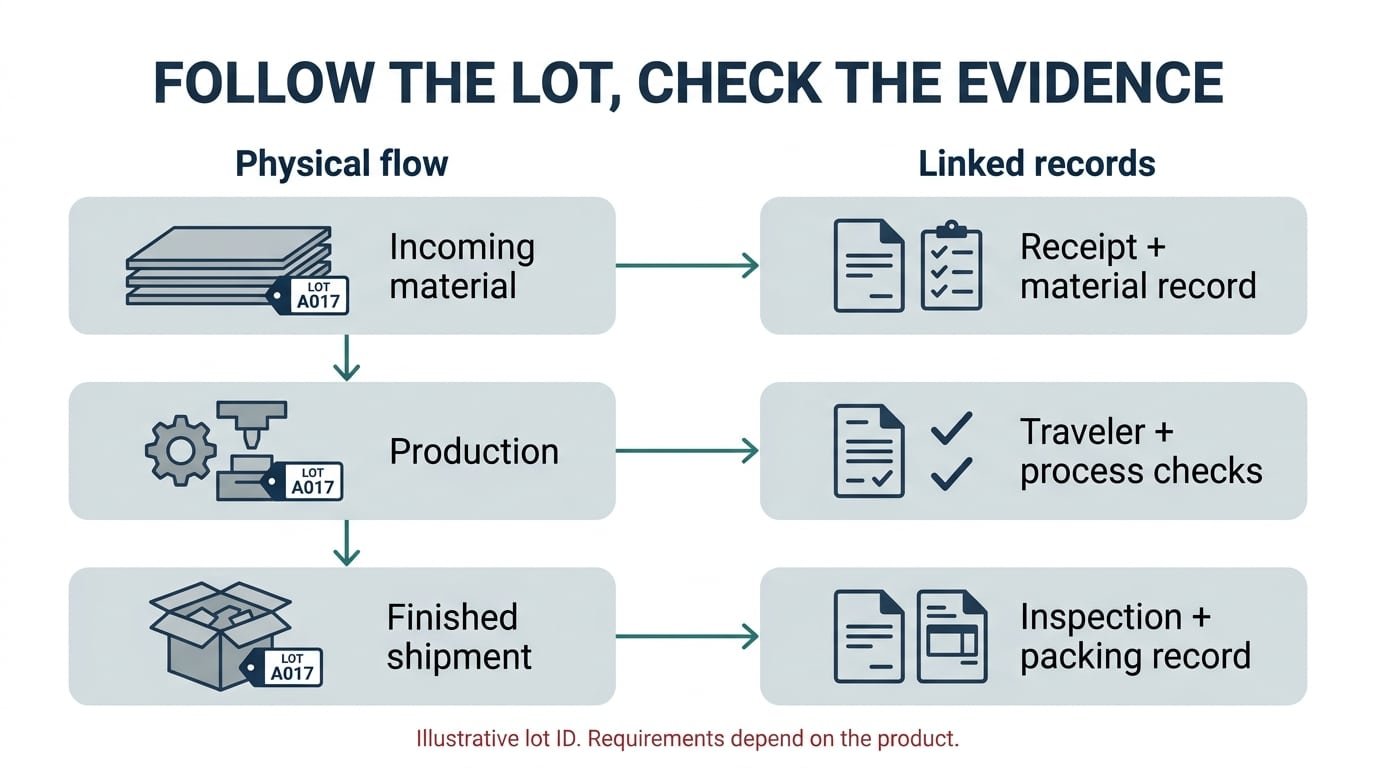 Illustrative lot traceability matrix connecting incoming material, production and finished shipment with matching records.