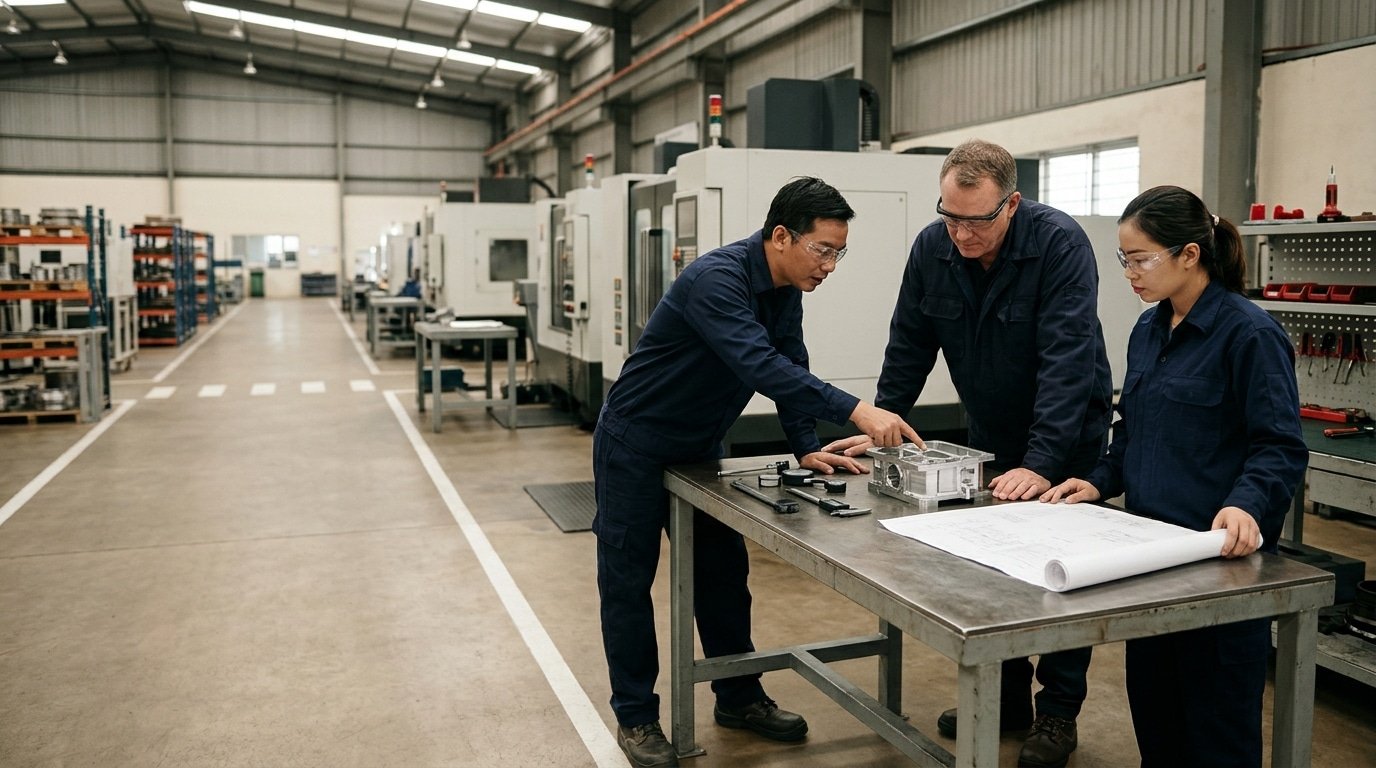 Conceptual illustration of engineers reviewing a machined component and production records in a Vietnamese factory.