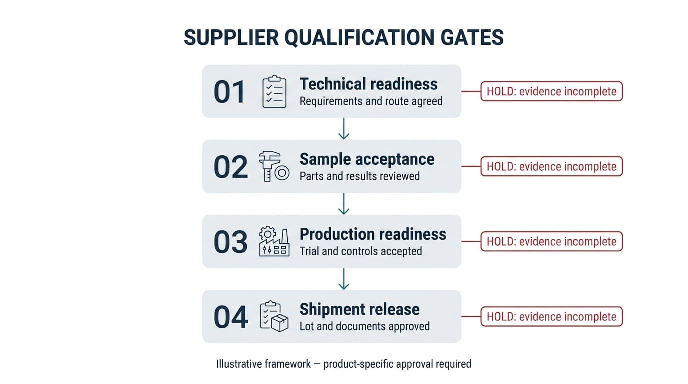 Four supplier qualification gates: technical readiness, sample acceptance, production readiness and shipment release.
