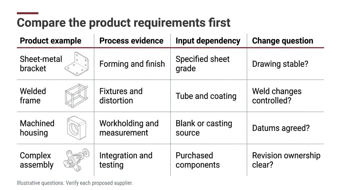 Illustrative product-fit matrix comparing the evidence needed for brackets, welded frames, machined housings and complex assemblies.