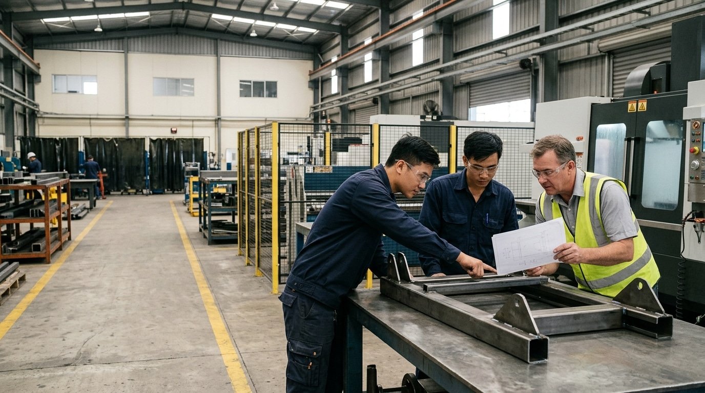 Illustrative engineering review of a fabricated assembly inside a manufacturing facility.