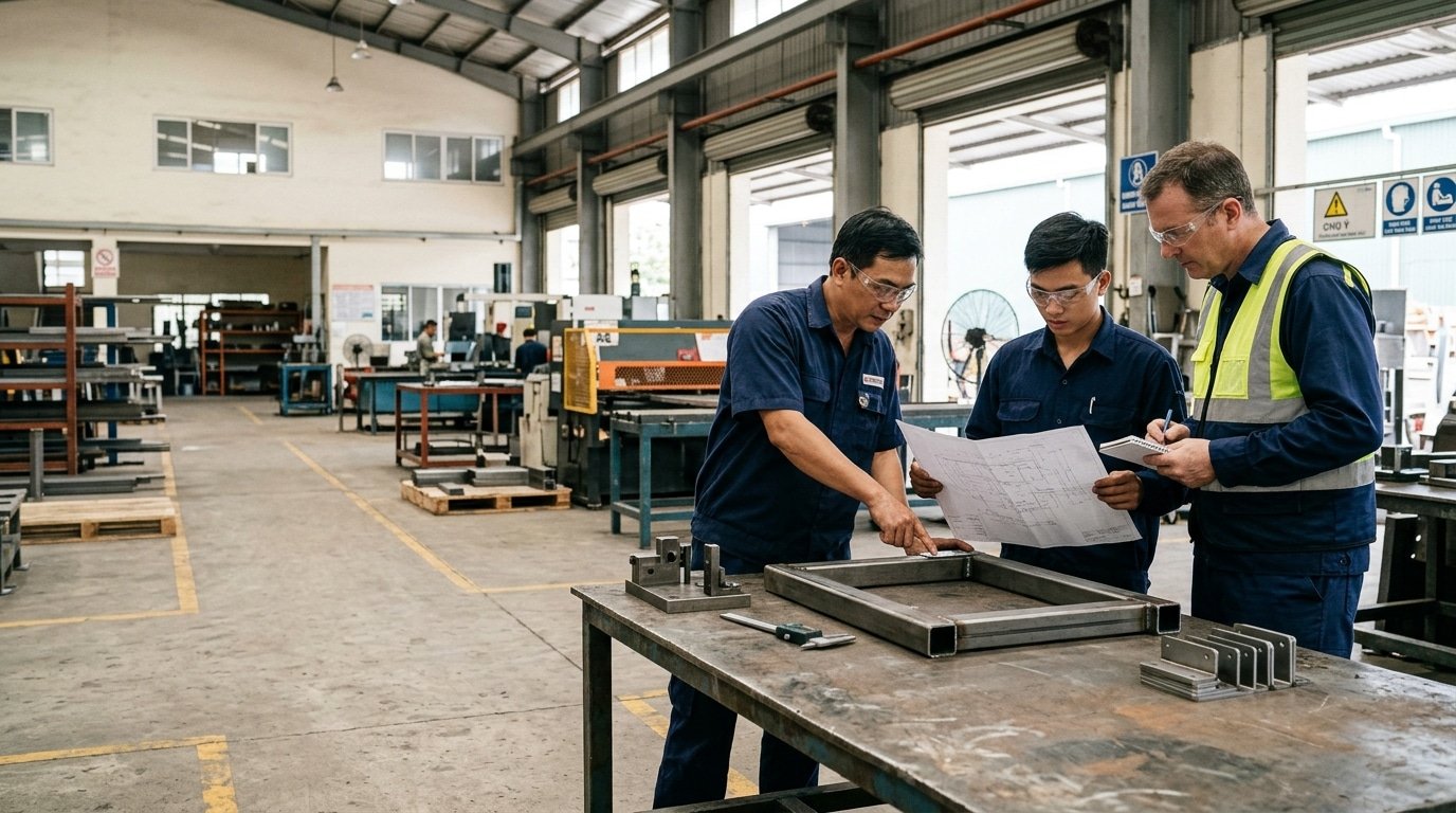 Concept illustration of engineers reviewing a pilot welded assembly and its inspection records in a manufacturing workshop.