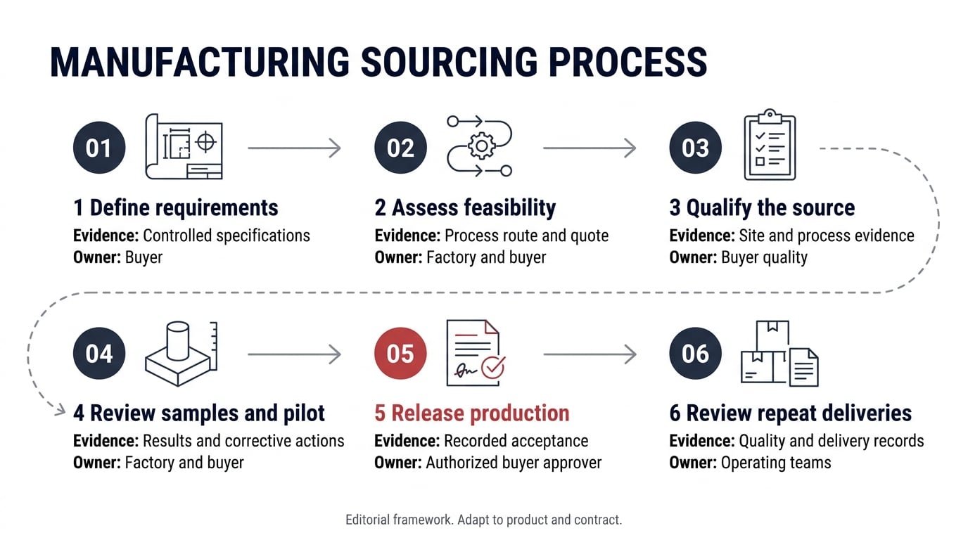 Six stages from defining sourcing requirements to reviewing repeat production deliveries.