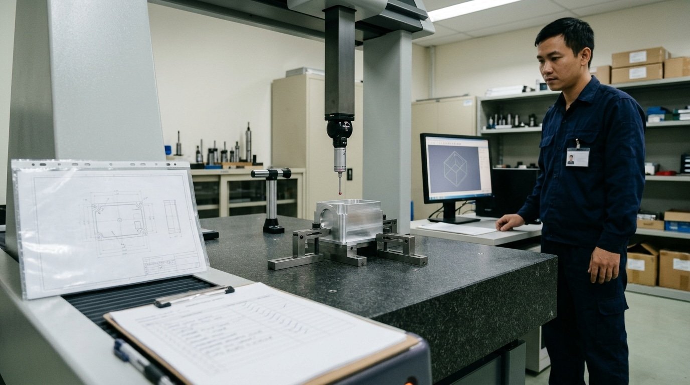 Conceptual close-up of a quality technician reviewing a machined housing on a coordinate measuring machine.