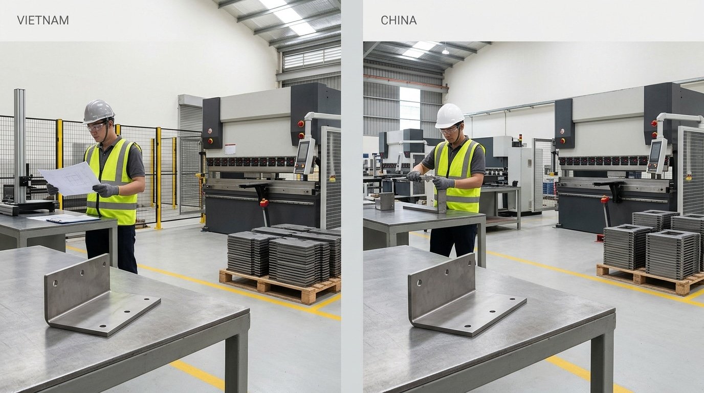 Conceptual side-by-side industrial production scenes representing manufacturing options in Vietnam and China.